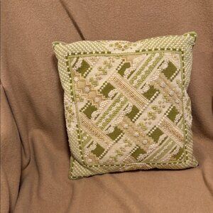 Green and Cream Decorative Pillow. Handmade needlepoint.